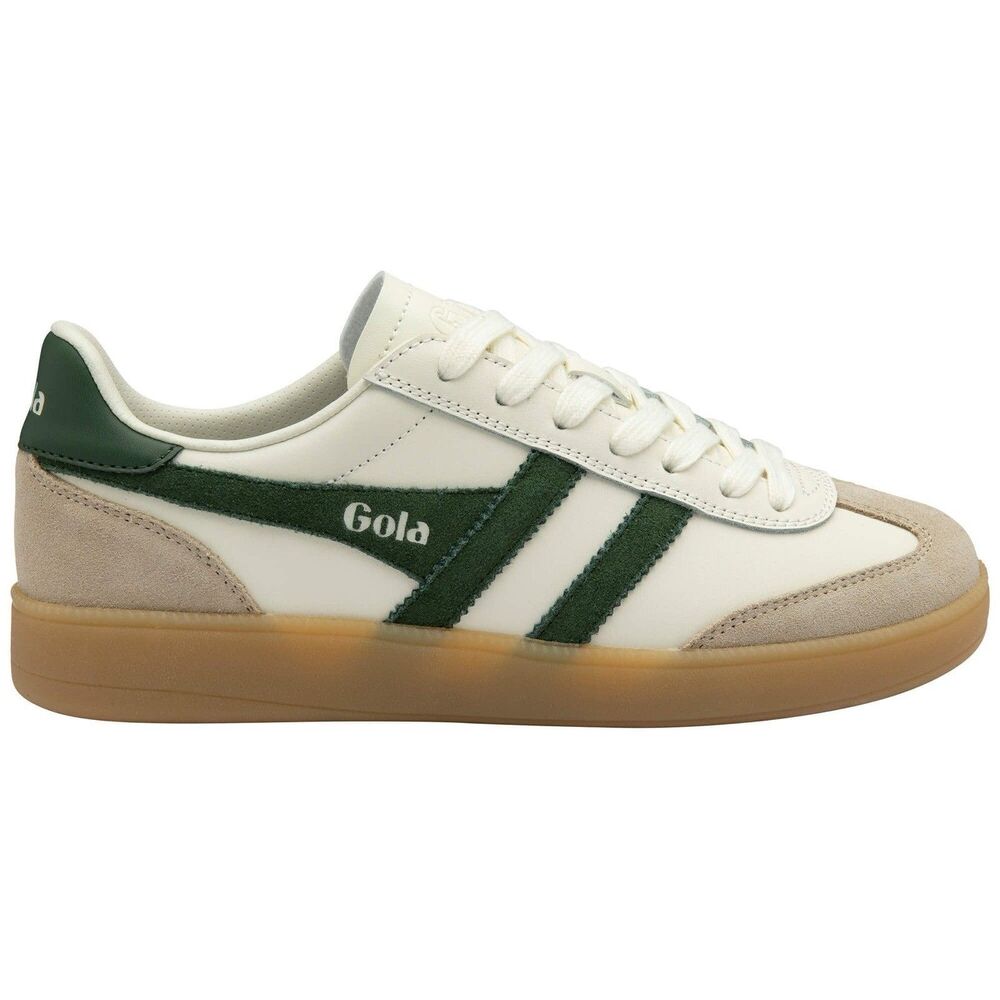 Gola White Leather Sneakers with Green Suede Stripes and Gum Sole